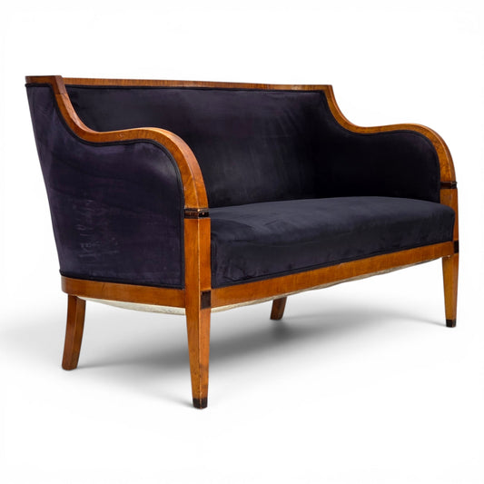 1950s, Danish art deco 2-seater sofa, ash wood, furniture velour.