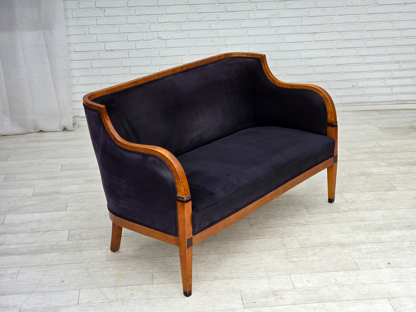 1950s, Danish art deco 2-seater sofa, ash wood, furniture velour.