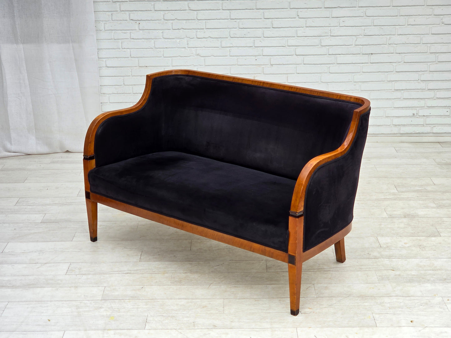 1950s, Danish art deco 2-seater sofa, ash wood, furniture velour.