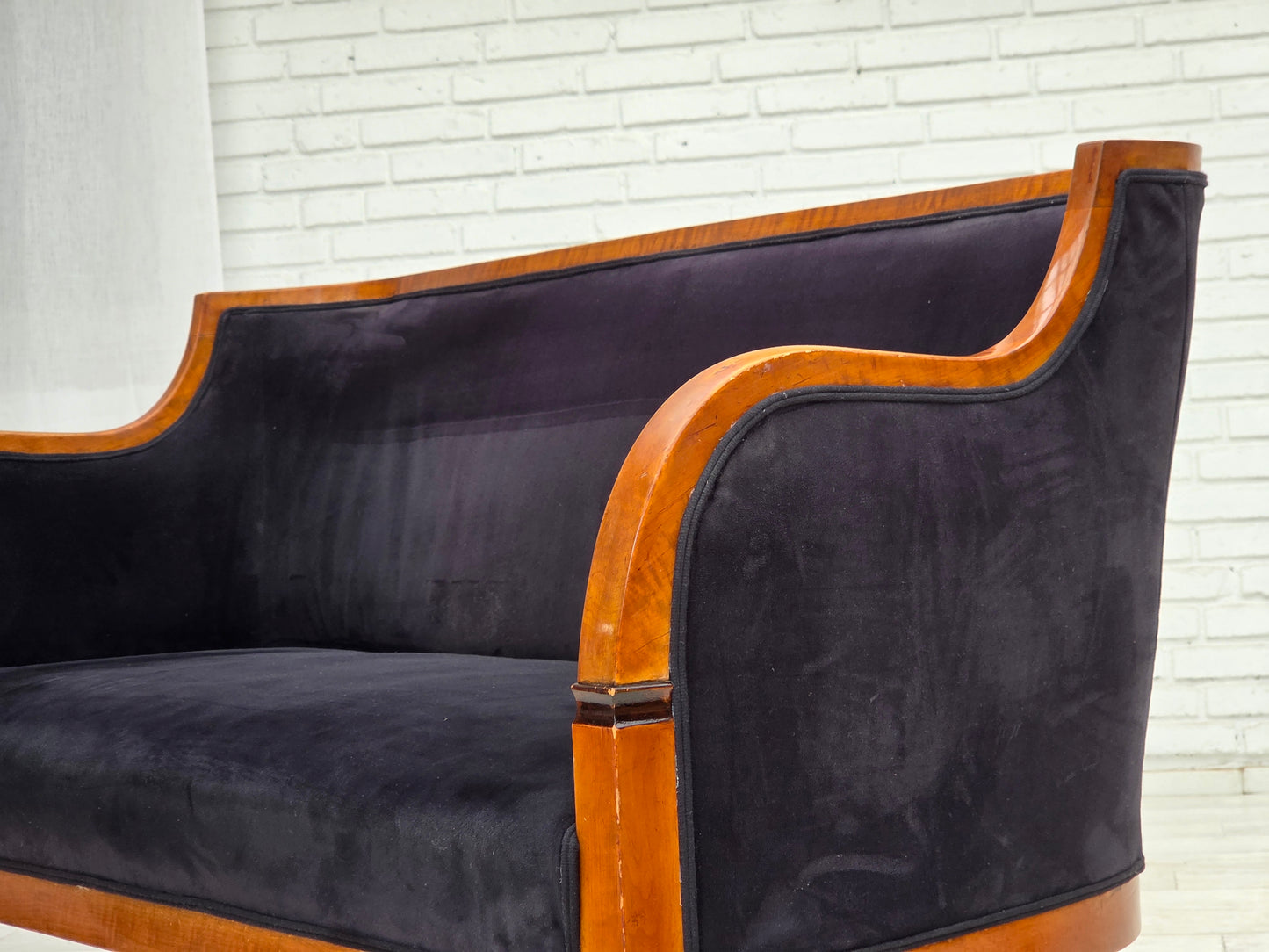 1950s, Danish art deco 2-seater sofa, ash wood, furniture velour.