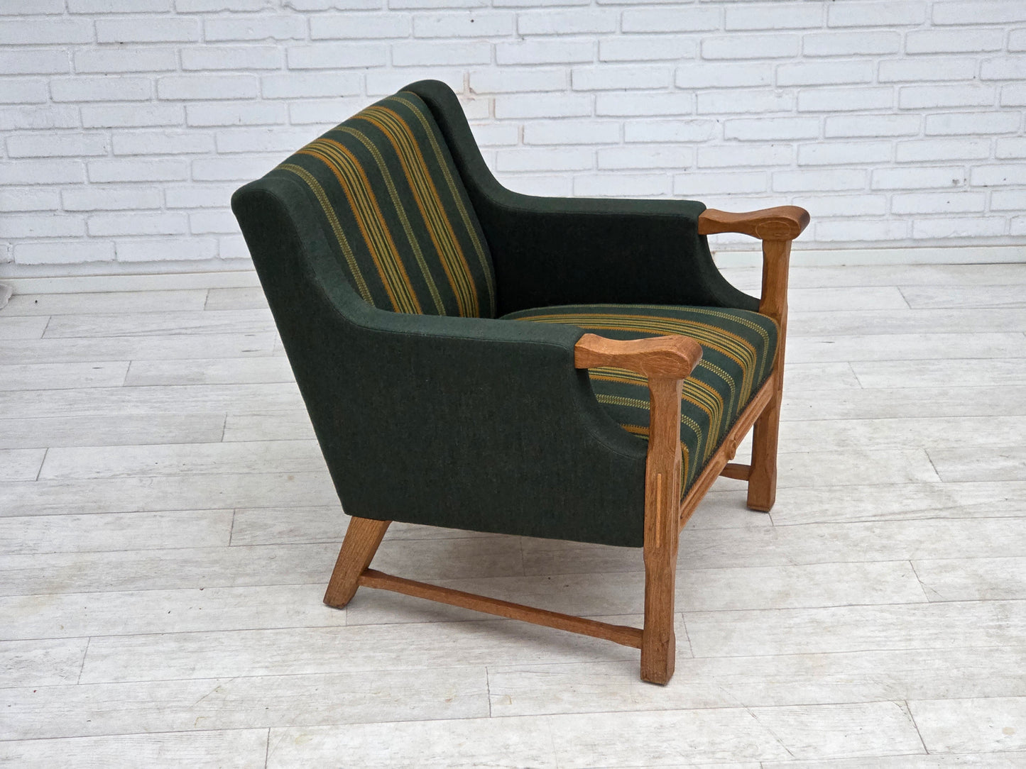 1970s, Danish armchair, green furniture wool, solid oak wood.