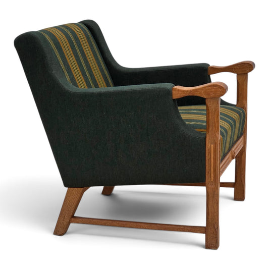 1970s, Danish armchair, green furniture wool, solid oak wood.