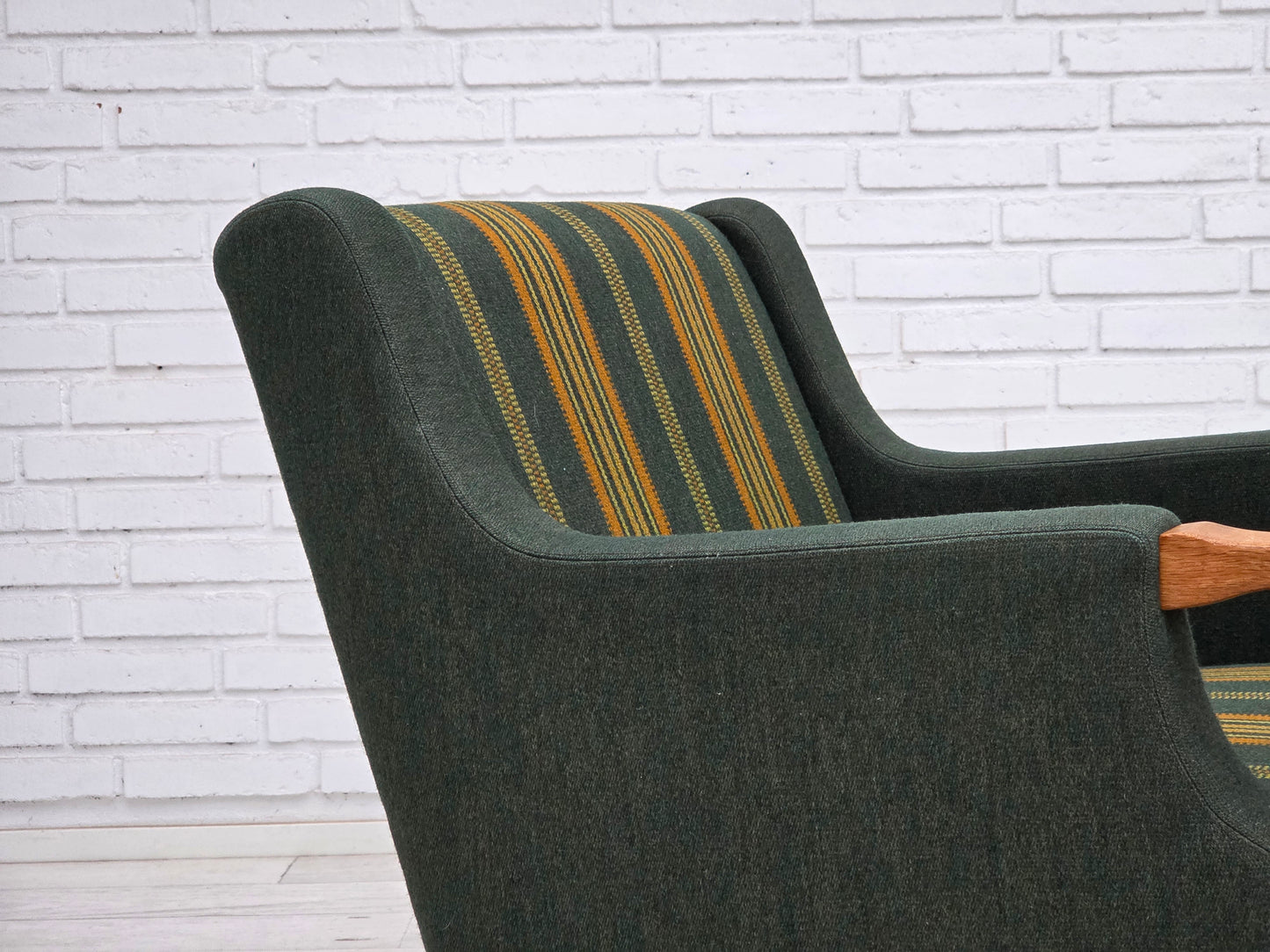 1970s, Danish armchair, green furniture wool, solid oak wood.