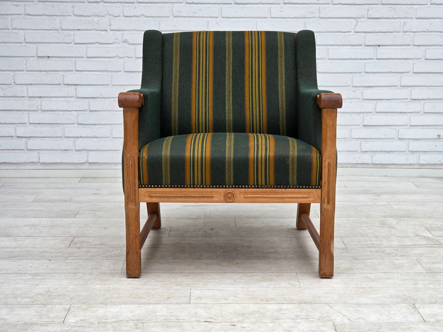 1970s, Danish armchair, green furniture wool, solid oak wood.
