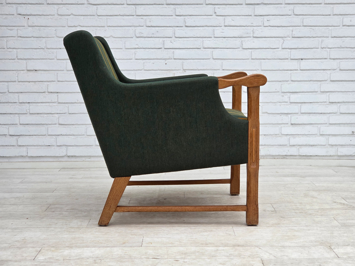 1970s, Danish armchair, green furniture wool, solid oak wood.