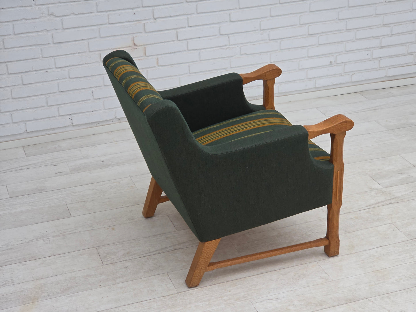 1970s, Danish armchair, green furniture wool, solid oak wood.