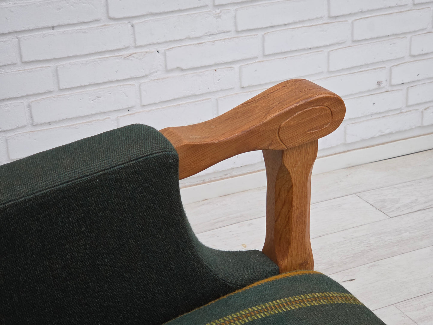 1970s, Danish armchair, green furniture wool, solid oak wood.