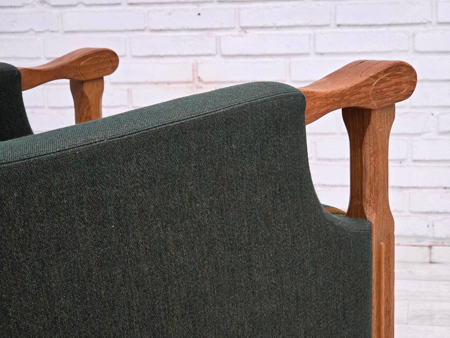 1970s, Danish armchair, green furniture wool, solid oak wood.
