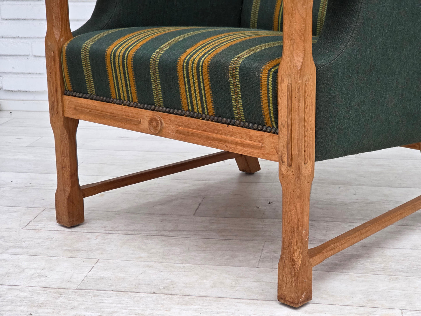 1970s, Danish armchair, green furniture wool, solid oak wood.