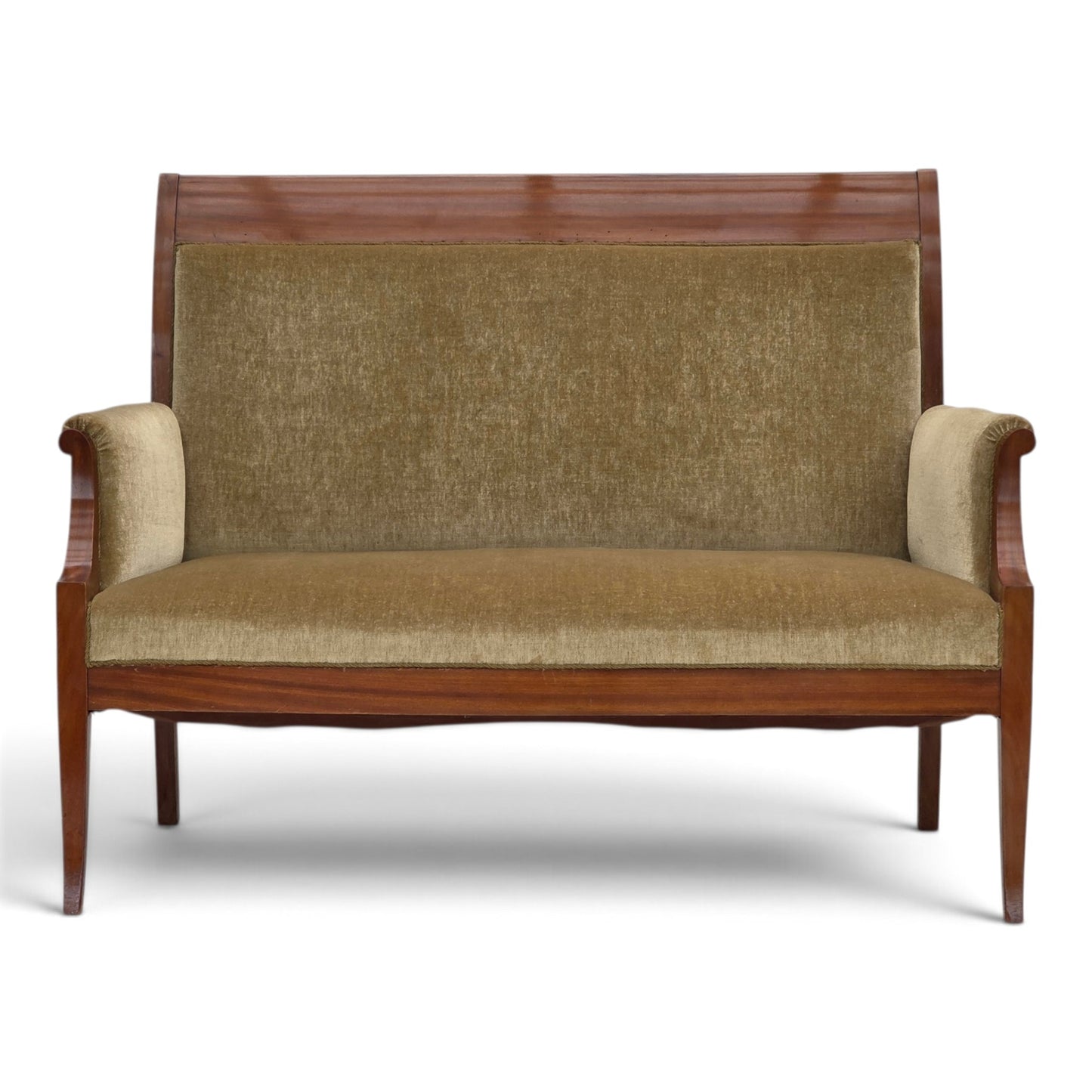 1950s, 2 seater Danish highback sofa, furniture velour, laqered teak wood.