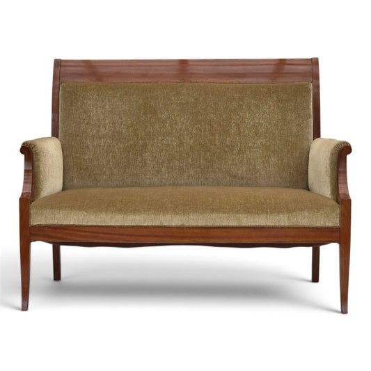 1950s, 2 seater Danish highback sofa, furniture velour, laqered teak wood.