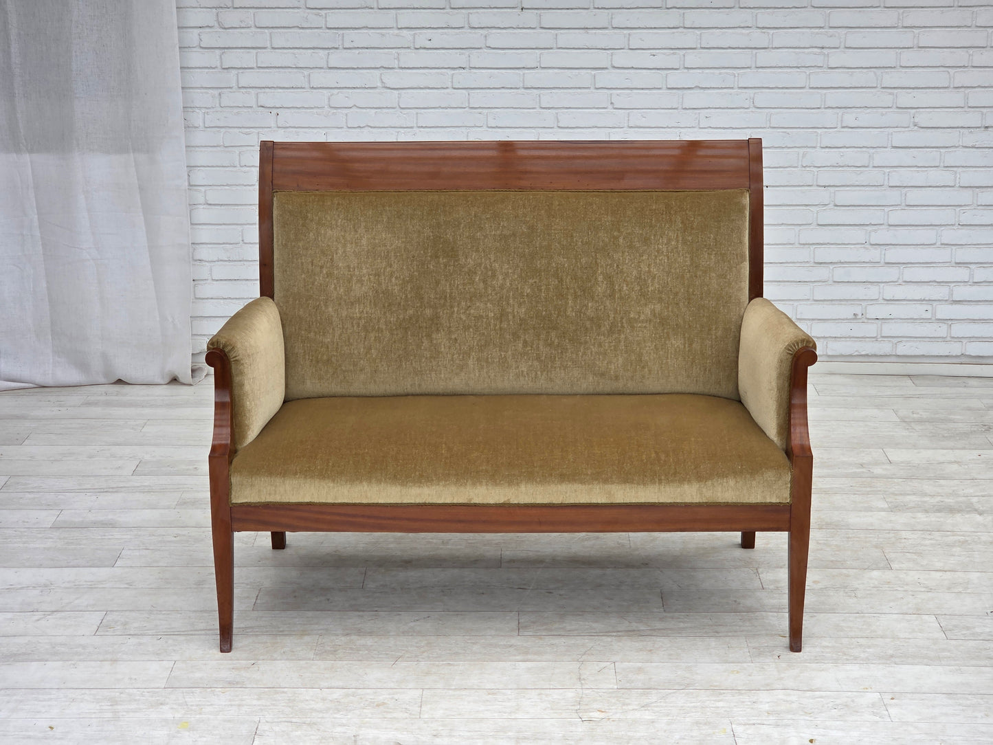 1950s, 2 seater Danish highback sofa, furniture velour, laqered teak wood.
