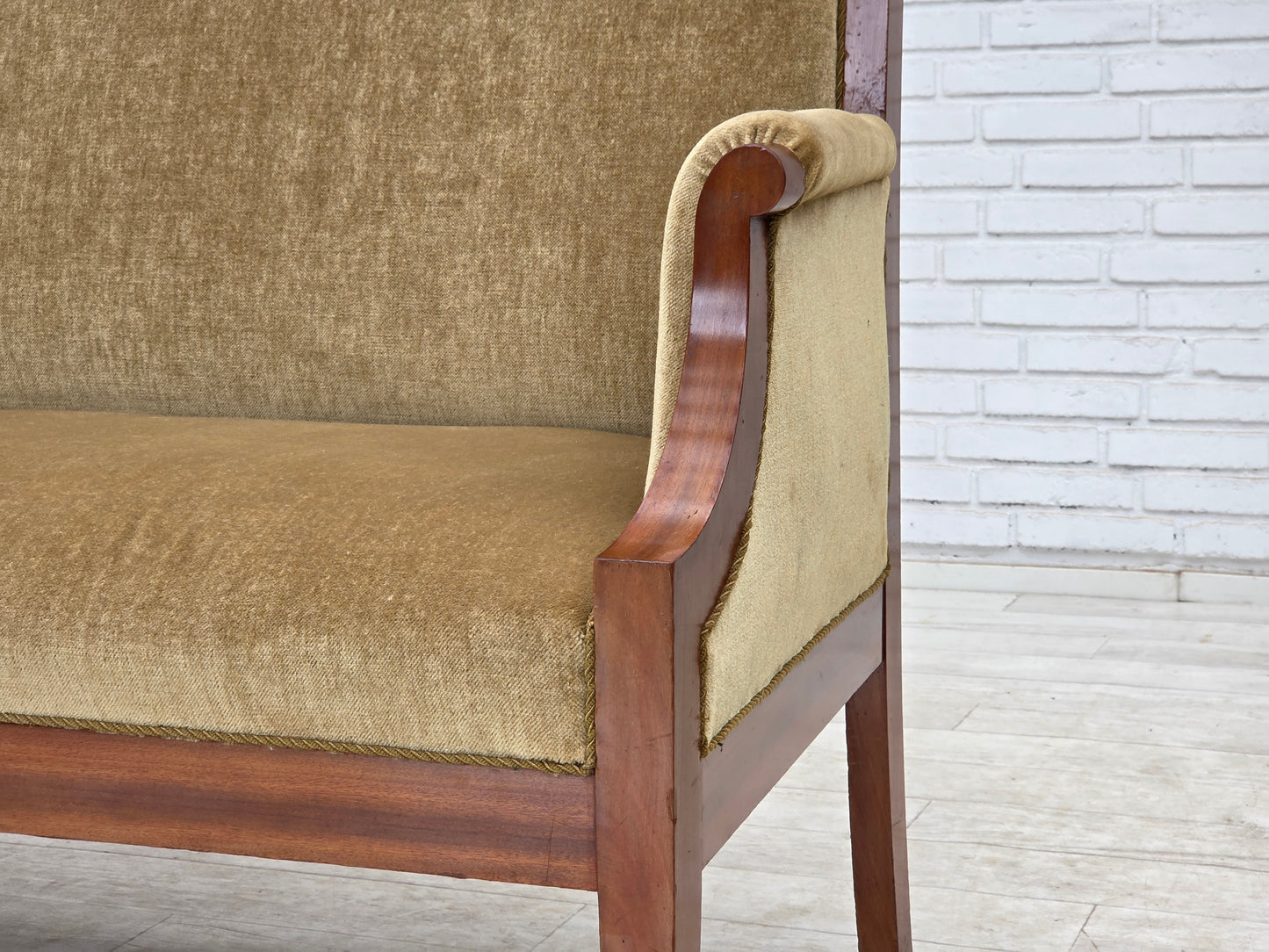 1950s, 2 seater Danish highback sofa, furniture velour, laqered teak wood.