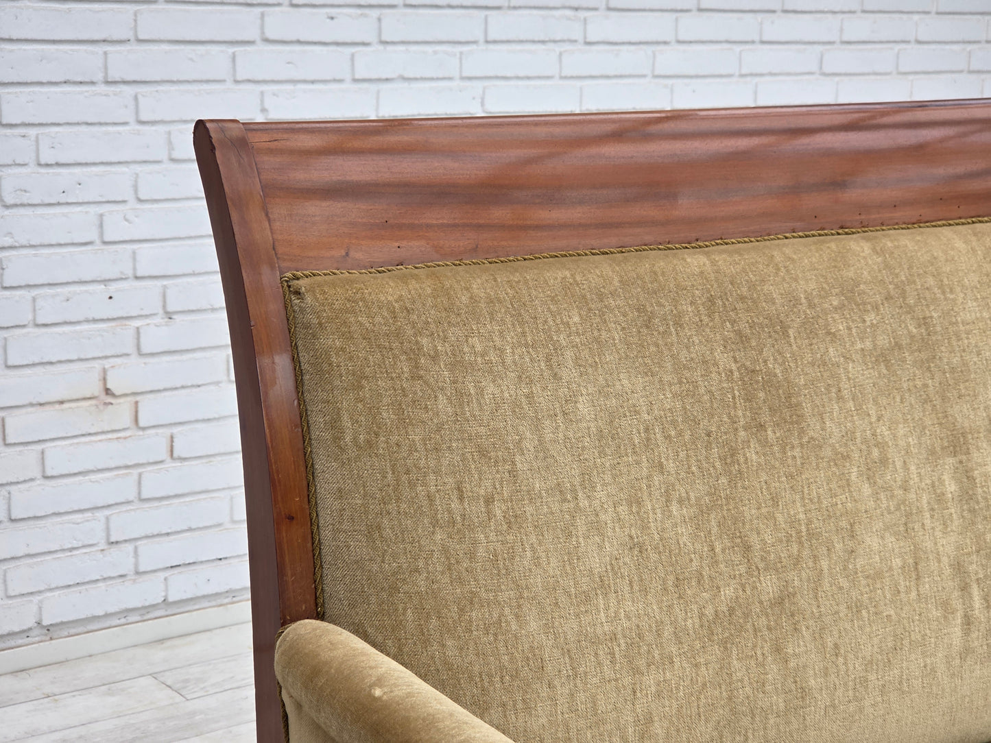 1950s, 2 seater Danish highback sofa, furniture velour, laqered teak wood.