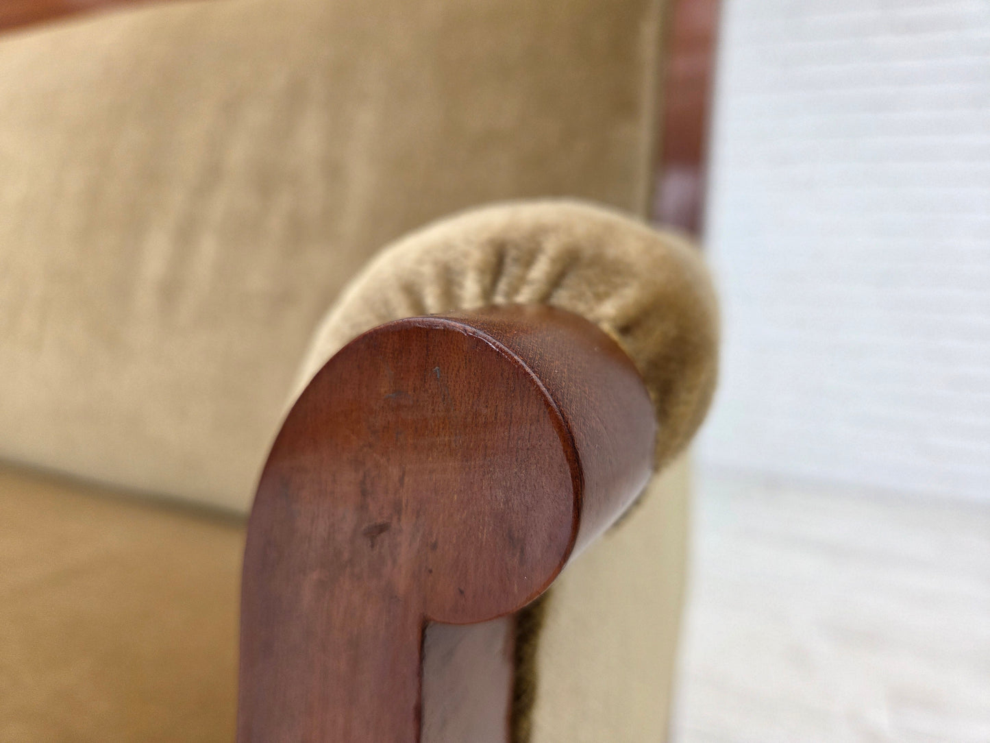 1950s, 2 seater Danish highback sofa, furniture velour, laqered teak wood.