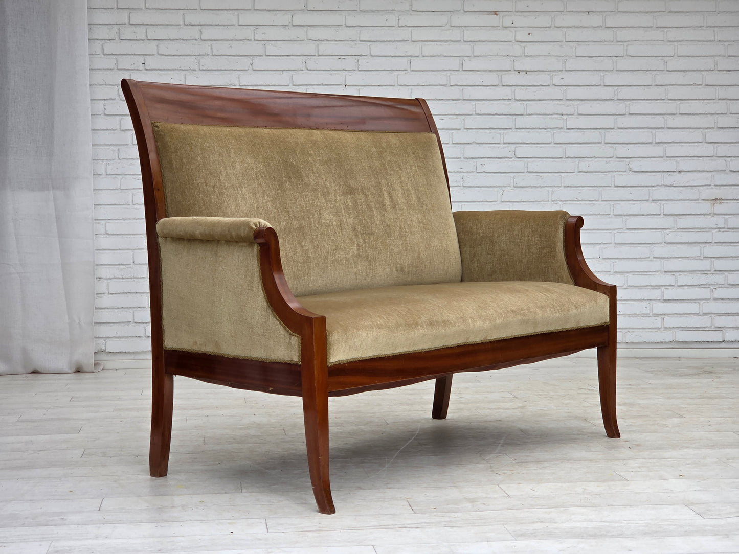 1950s, 2 seater Danish highback sofa, furniture velour, laqered teak wood.