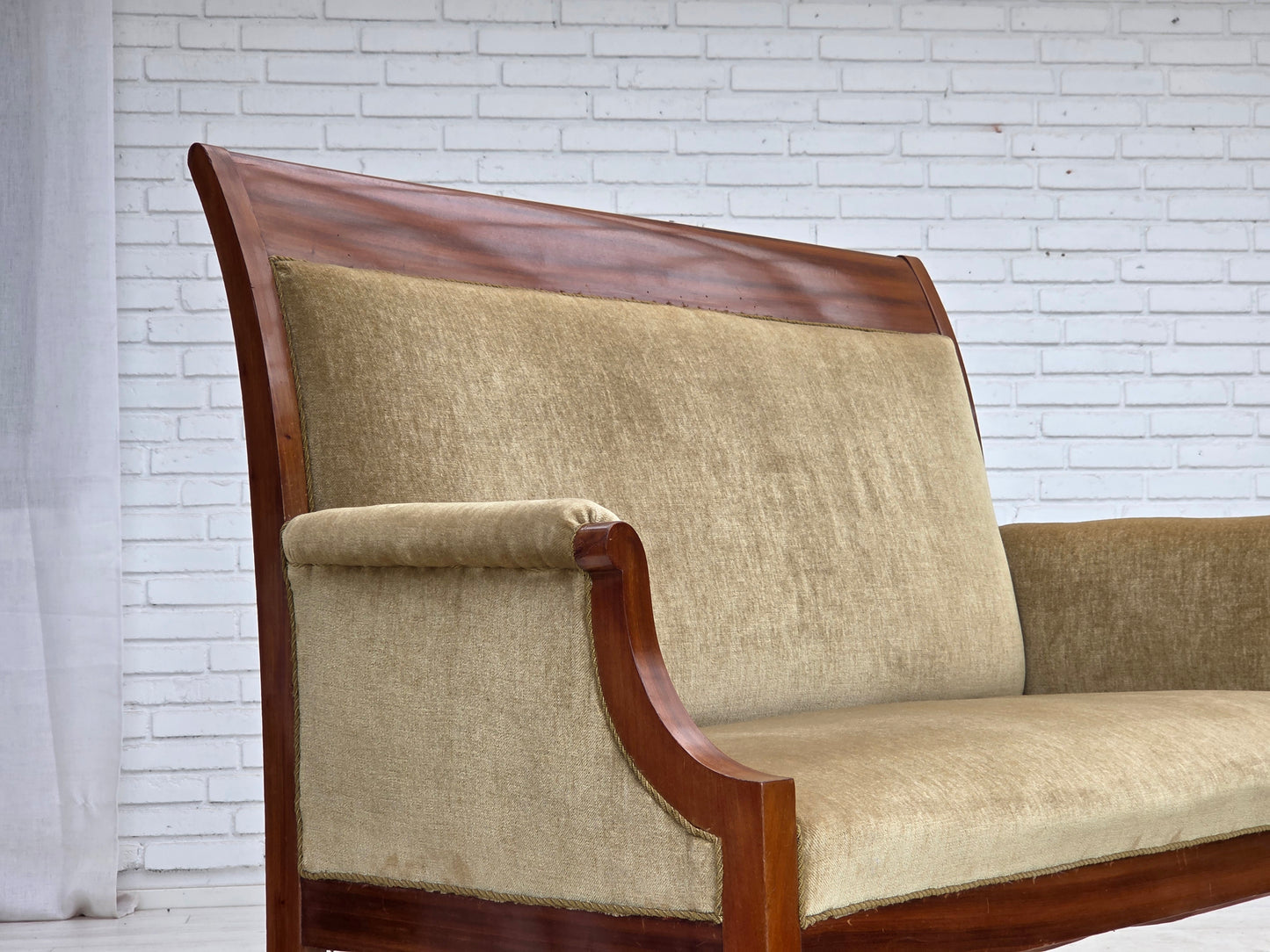 1950s, 2 seater Danish highback sofa, furniture velour, laqered teak wood.