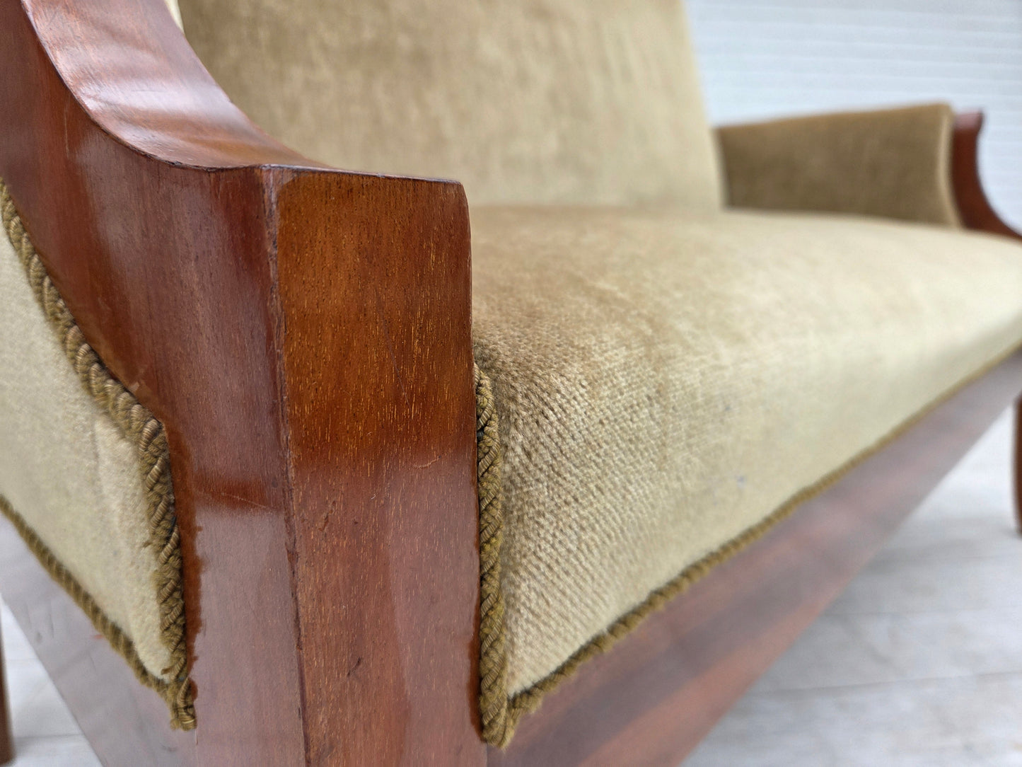 1950s, 2 seater Danish highback sofa, furniture velour, laqered teak wood.