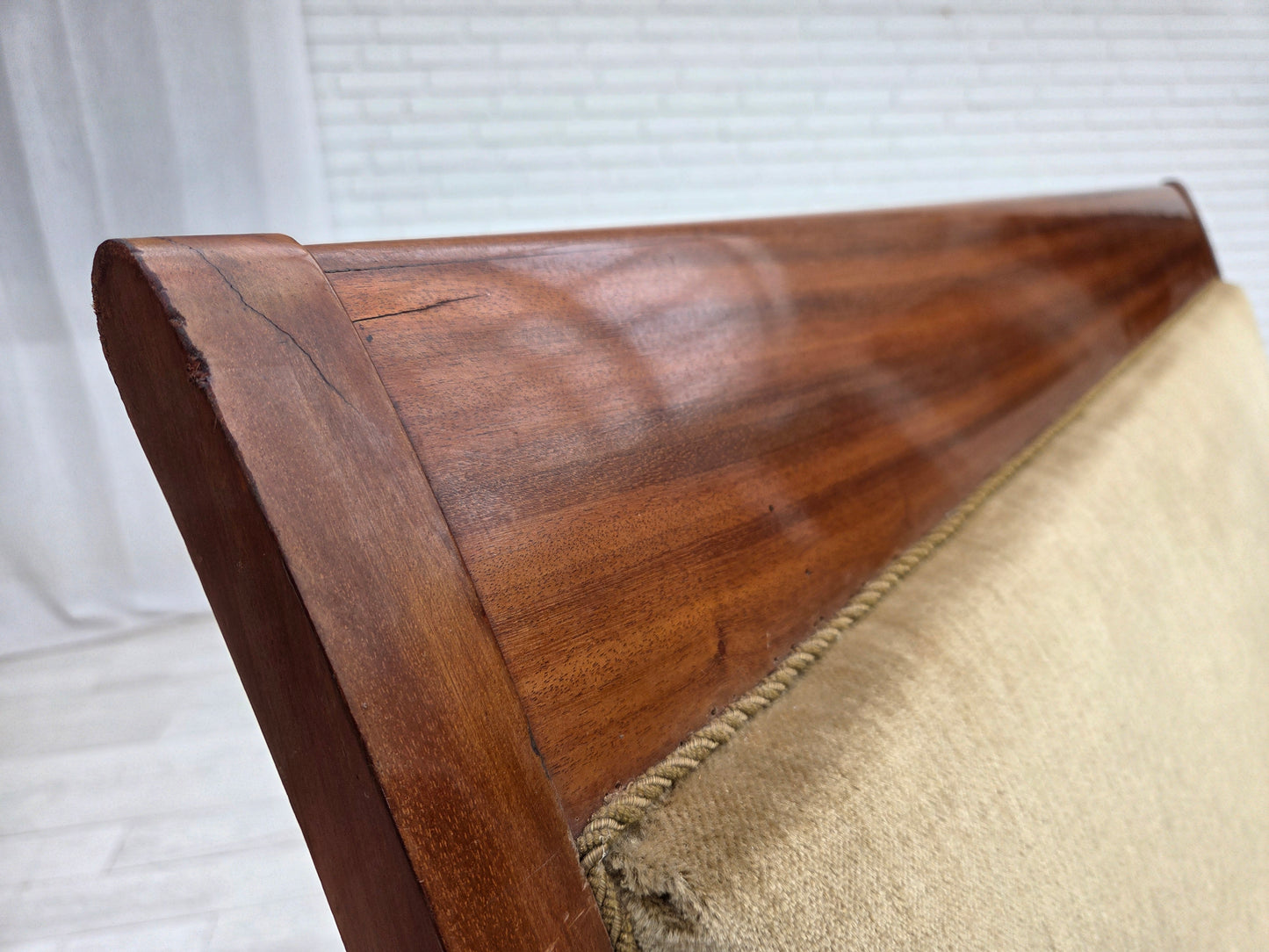 1950s, 2 seater Danish highback sofa, furniture velour, laqered teak wood.