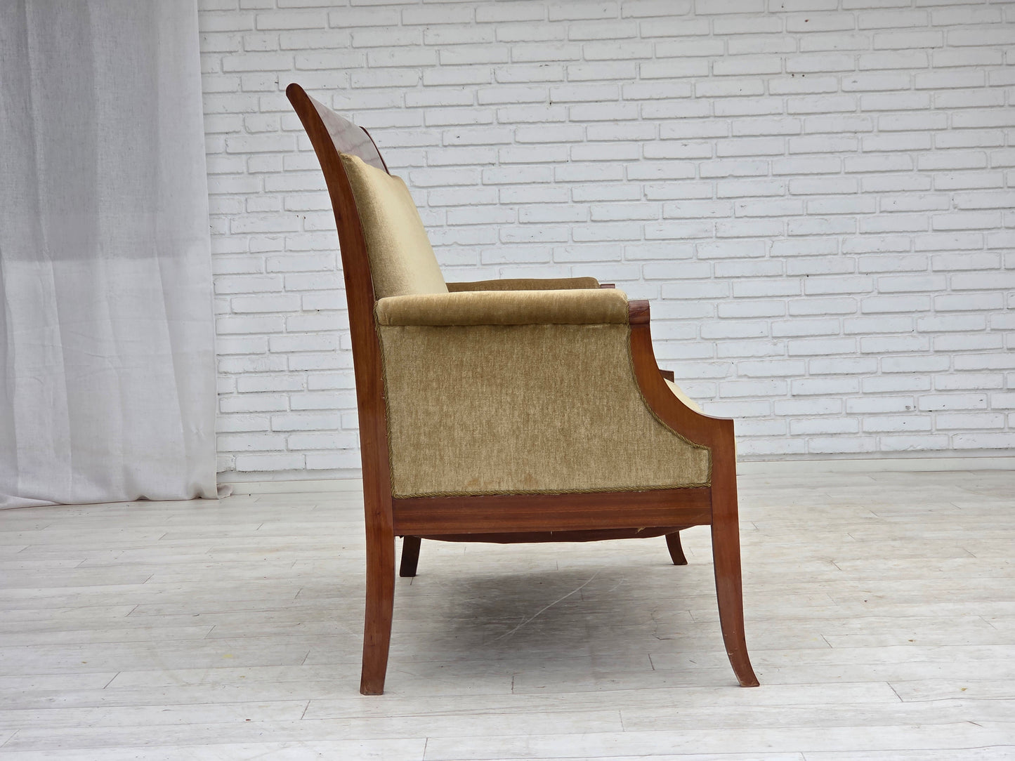 1950s, 2 seater Danish highback sofa, furniture velour, laqered teak wood.