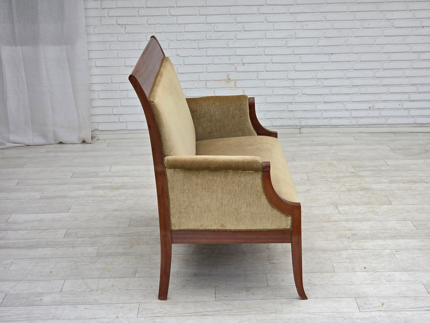 1950s, 2 seater Danish highback sofa, furniture velour, laqered teak wood.