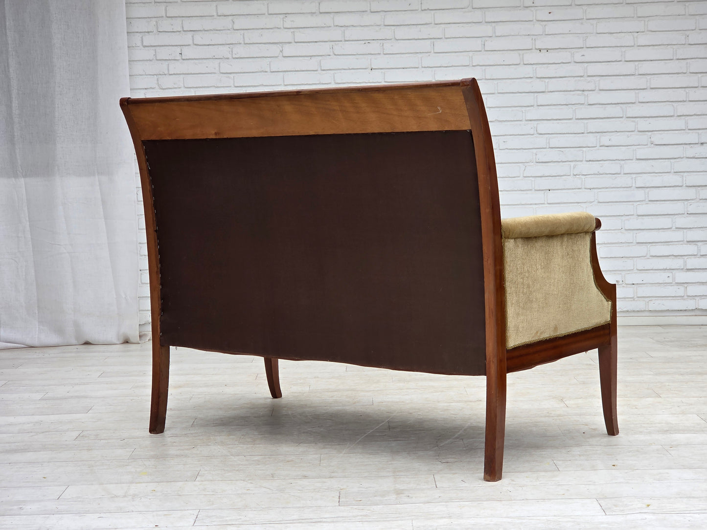1950s, 2 seater Danish highback sofa, furniture velour, laqered teak wood.