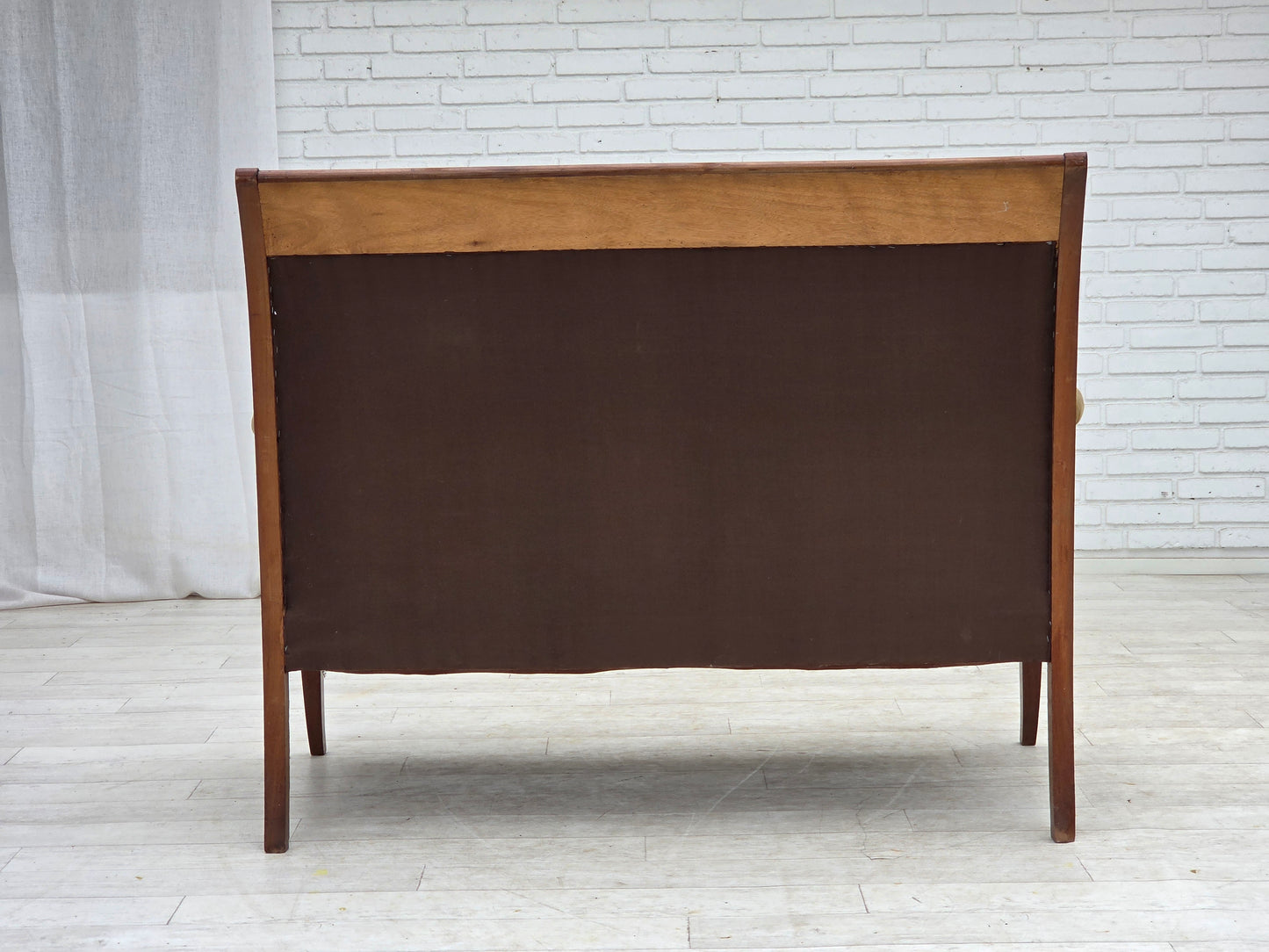 1950s, 2 seater Danish highback sofa, furniture velour, laqered teak wood.