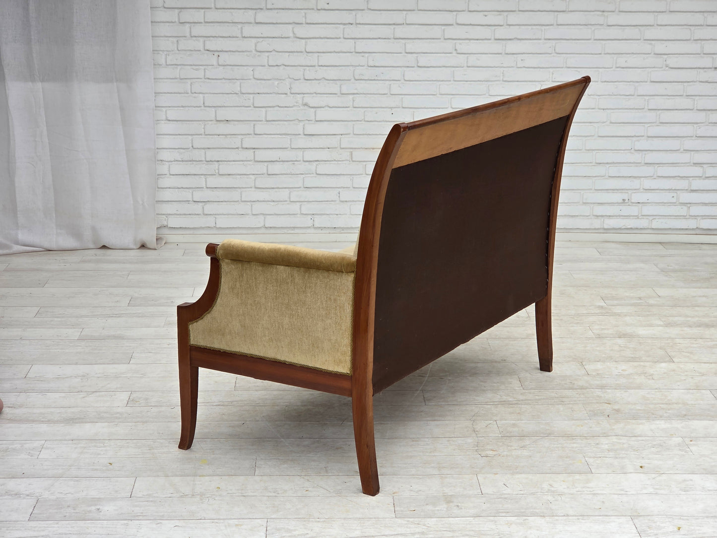 1950s, 2 seater Danish highback sofa, furniture velour, laqered teak wood.