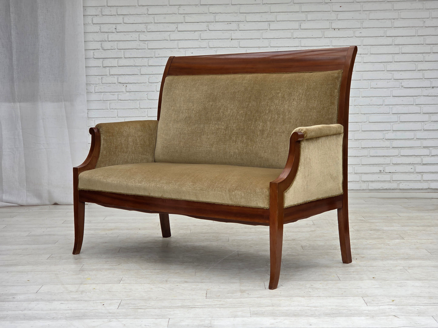 1950s, 2 seater Danish highback sofa, furniture velour, laqered teak wood.