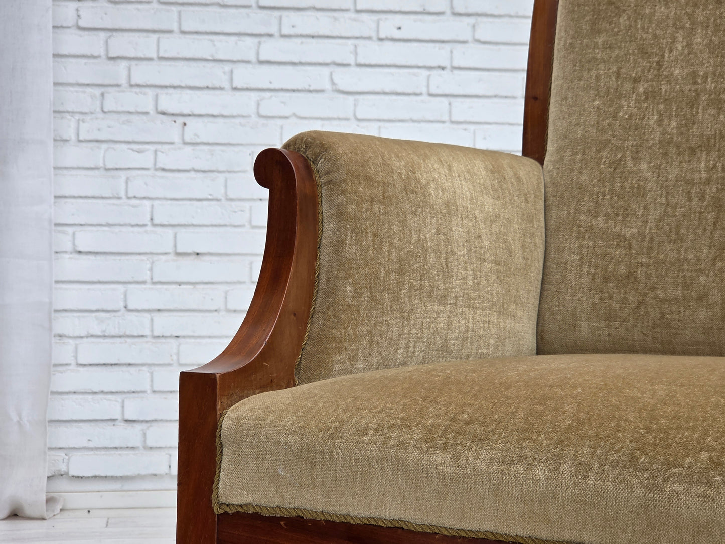 1950s, 2 seater Danish highback sofa, furniture velour, laqered teak wood.
