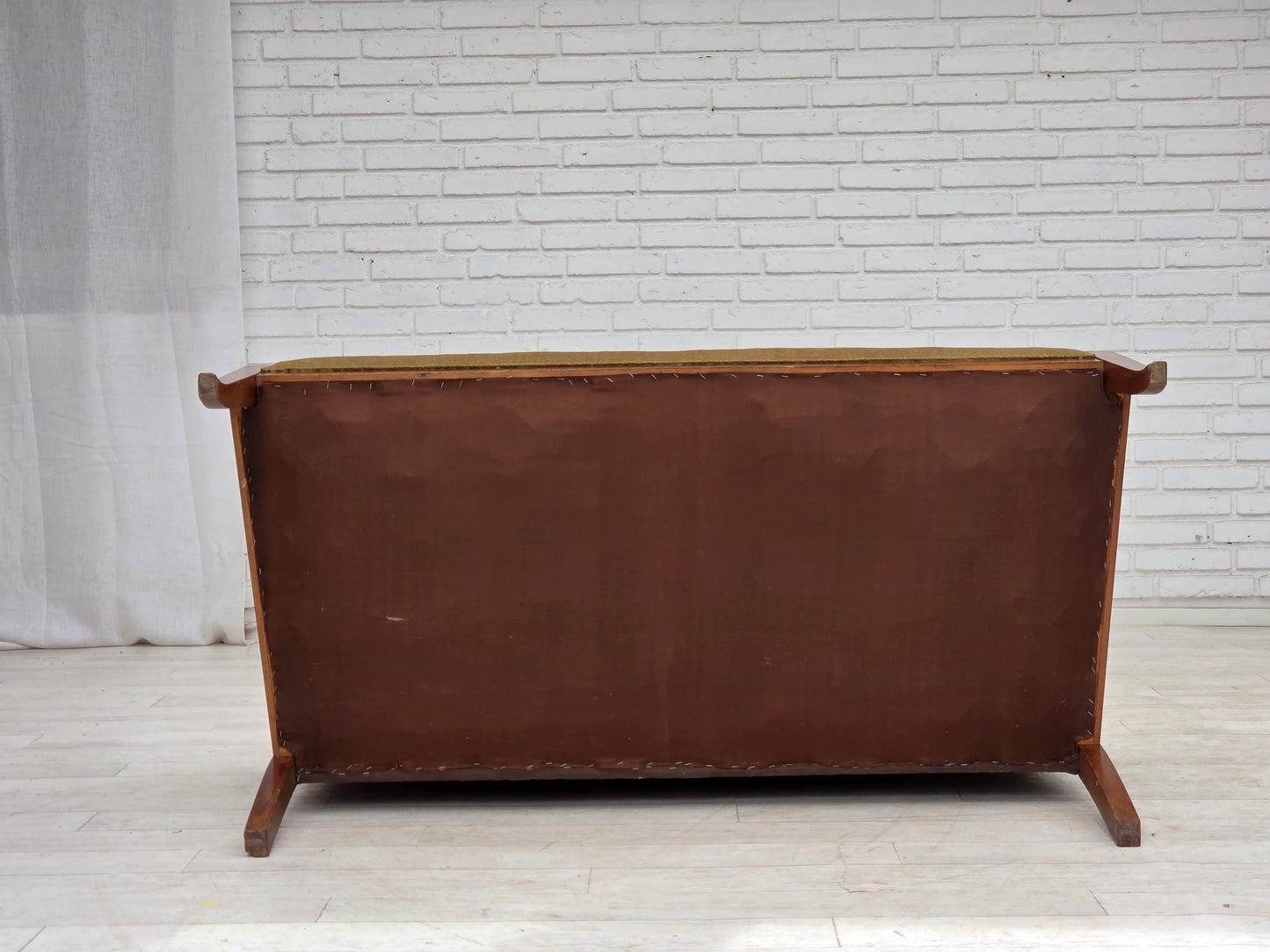 1950s, 2 seater Danish highback sofa, furniture velour, laqered teak wood.