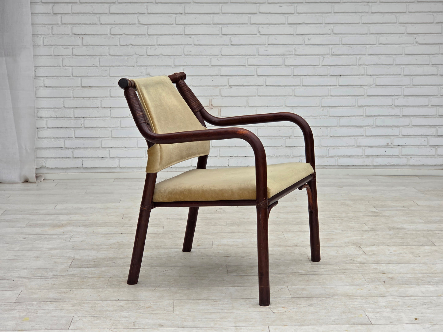 1980s, pair of Scandinavian armchairs, furniture velour, bamboo.