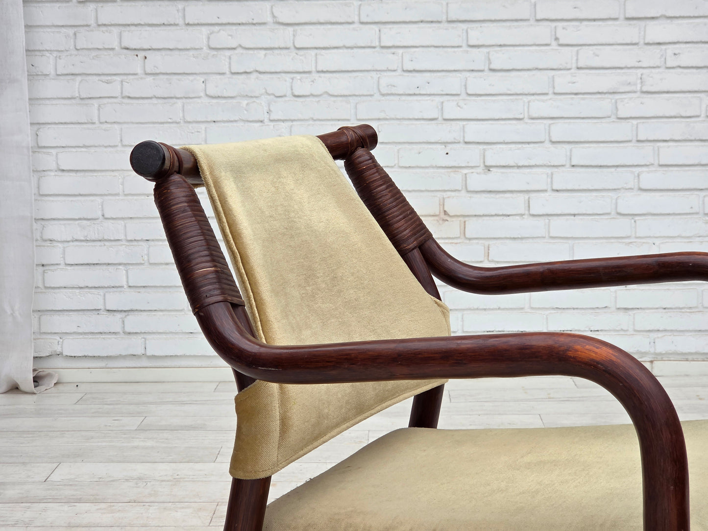 1980s, pair of Scandinavian armchairs, furniture velour, bamboo.