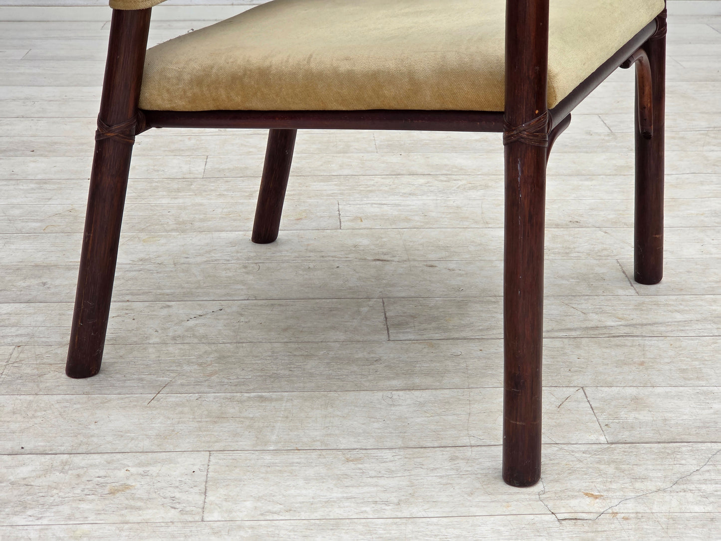 1980s, pair of Scandinavian armchairs, furniture velour, bamboo.