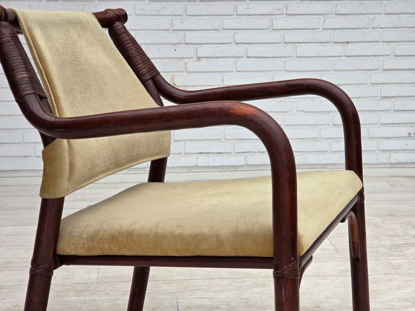 1980s, pair of Scandinavian armchairs, furniture velour, bamboo.