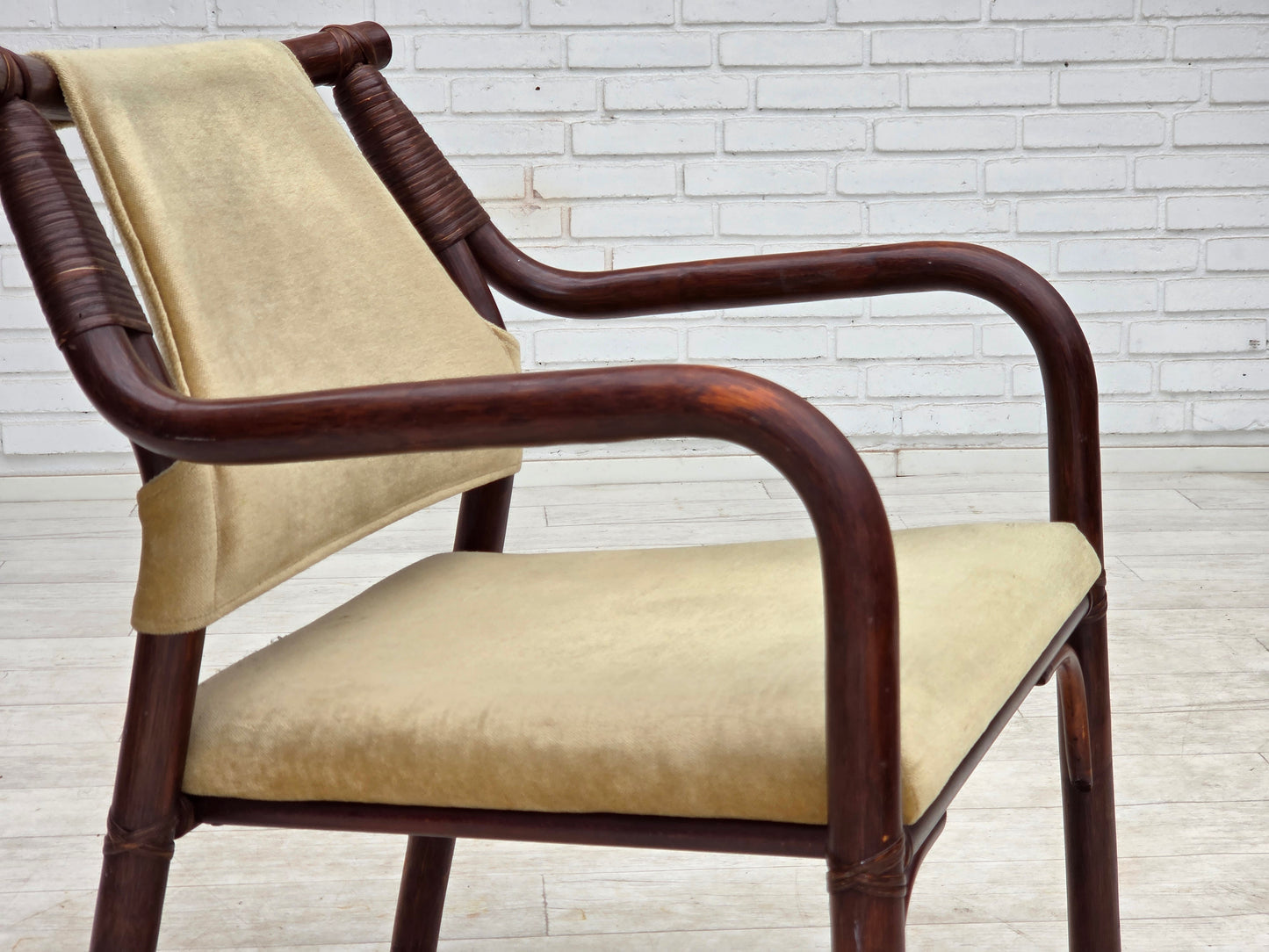 1980s, pair of Scandinavian armchairs, furniture velour, bamboo.