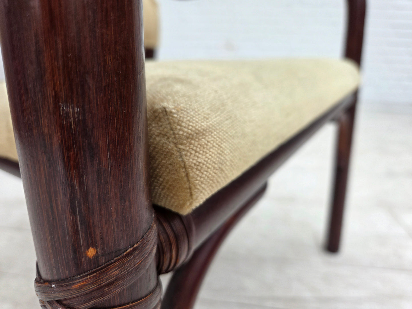 1980s, pair of Scandinavian armchairs, furniture velour, bamboo.