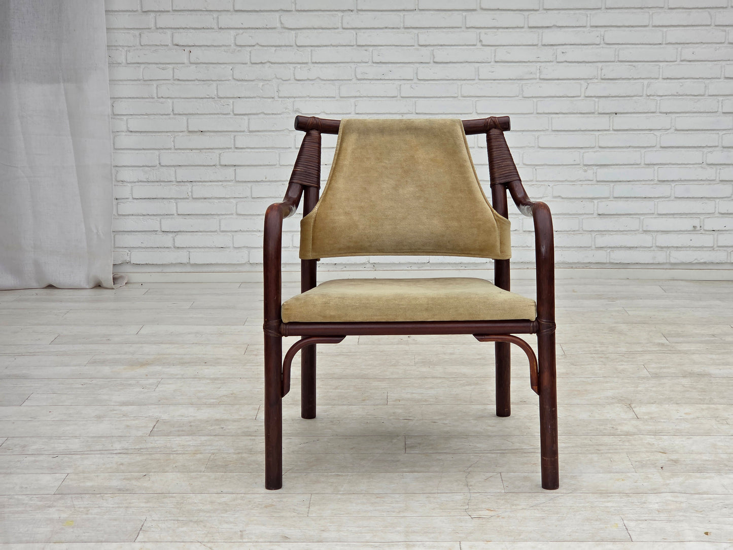 1980s, pair of Scandinavian armchairs, furniture velour, bamboo.
