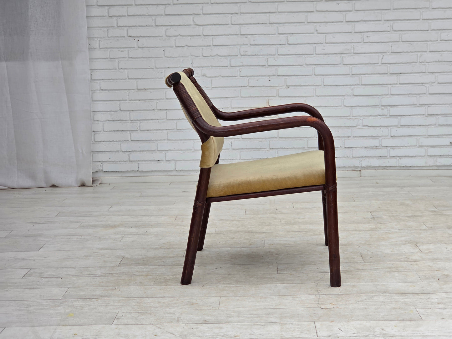 1980s, pair of Scandinavian armchairs, furniture velour, bamboo.