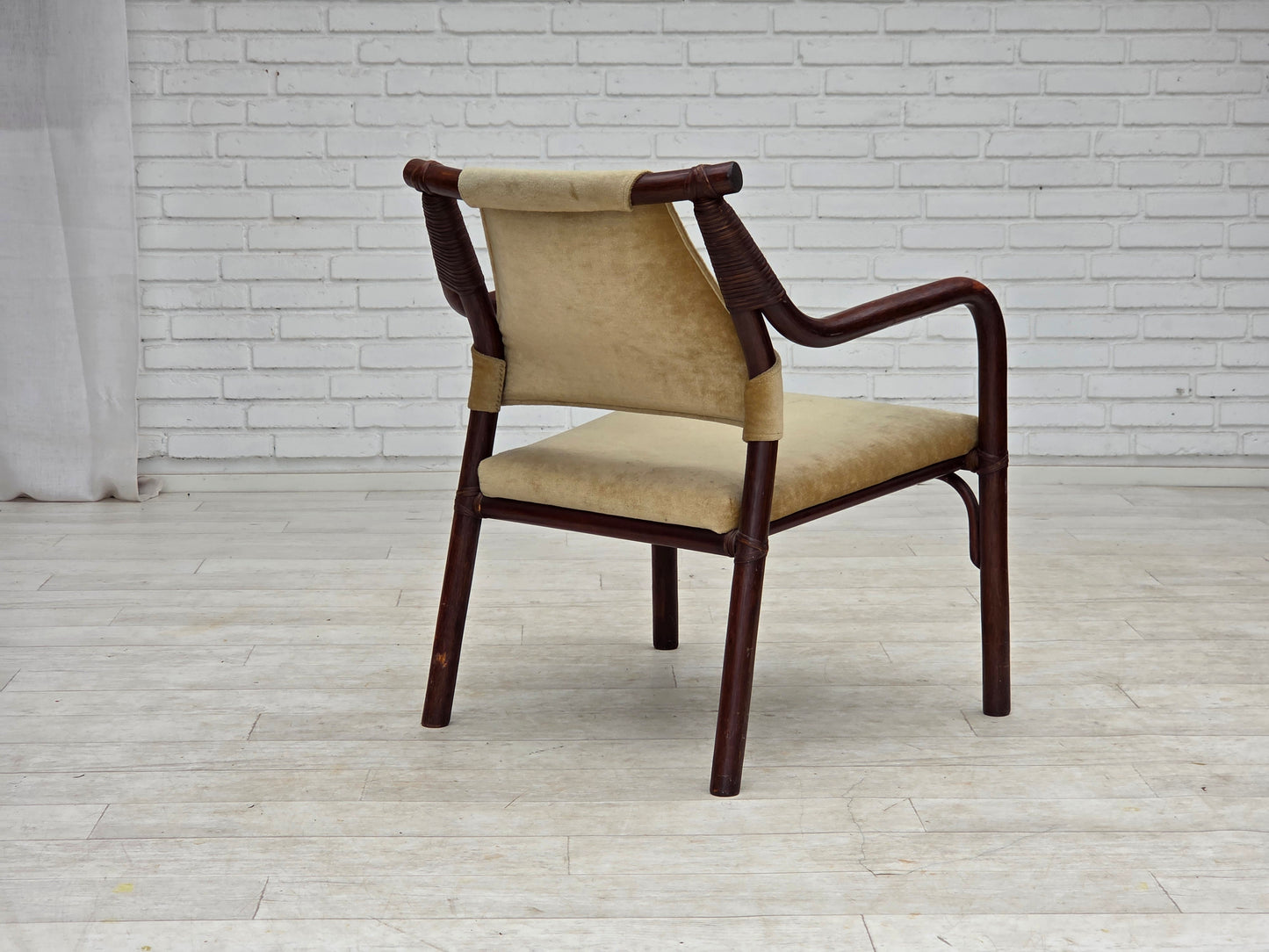 1980s, pair of Scandinavian armchairs, furniture velour, bamboo.