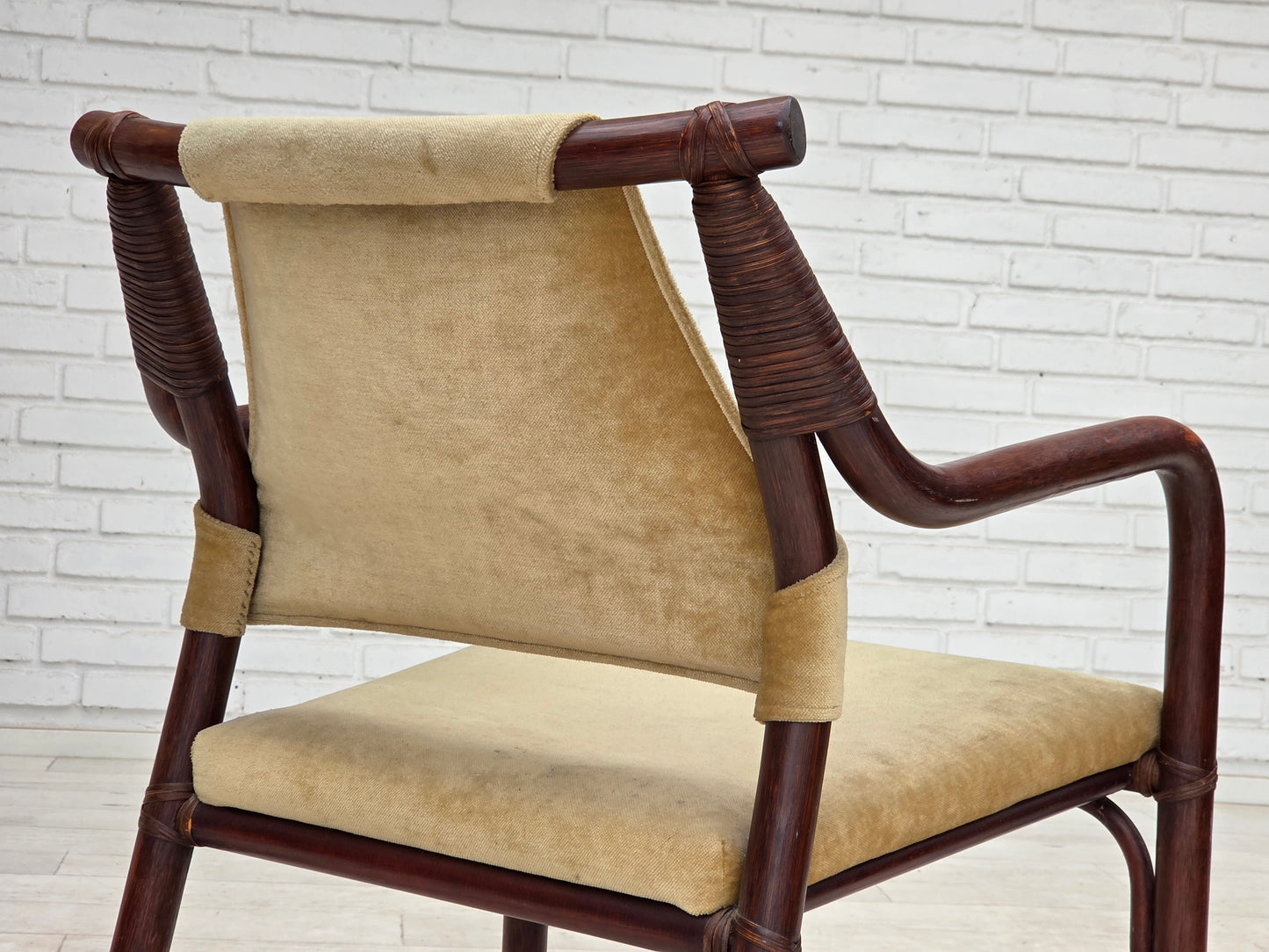 1980s, pair of Scandinavian armchairs, furniture velour, bamboo.