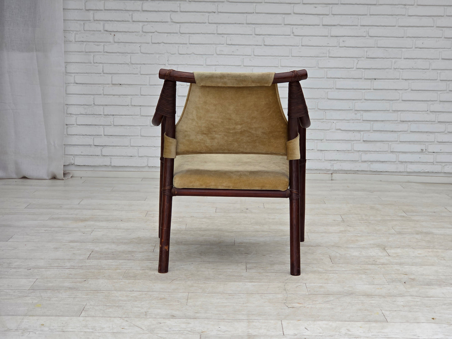 1980s, pair of Scandinavian armchairs, furniture velour, bamboo.