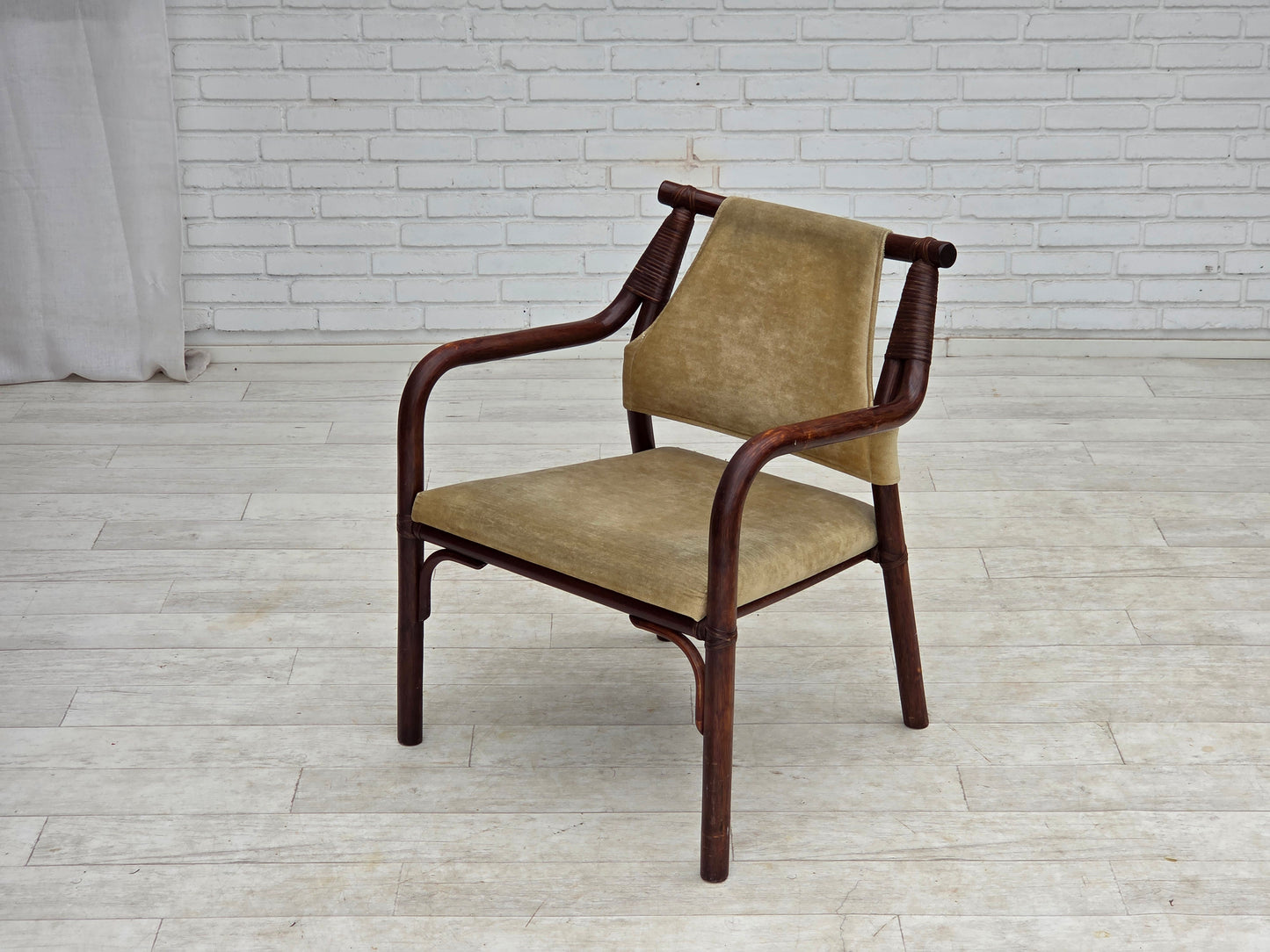 1980s, pair of Scandinavian armchairs, furniture velour, bamboo.