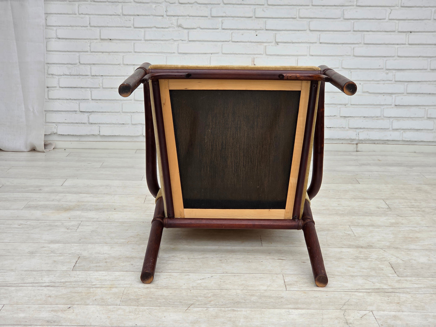 1980s, pair of Scandinavian armchairs, furniture velour, bamboo.