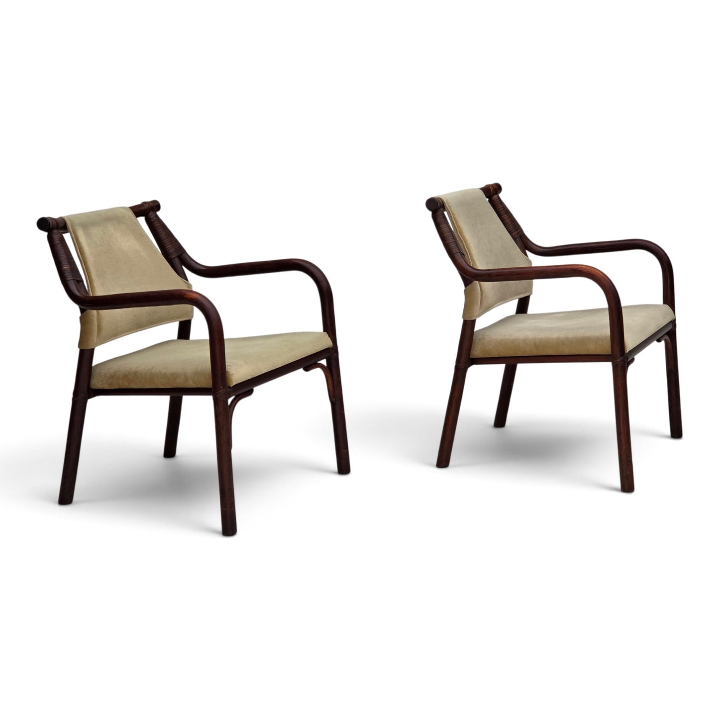1980s, pair of Scandinavian armchairs, furniture velour, bamboo.
