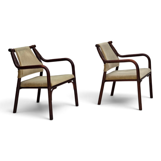 1980s, pair of Scandinavian armchairs, furniture velour, bamboo.