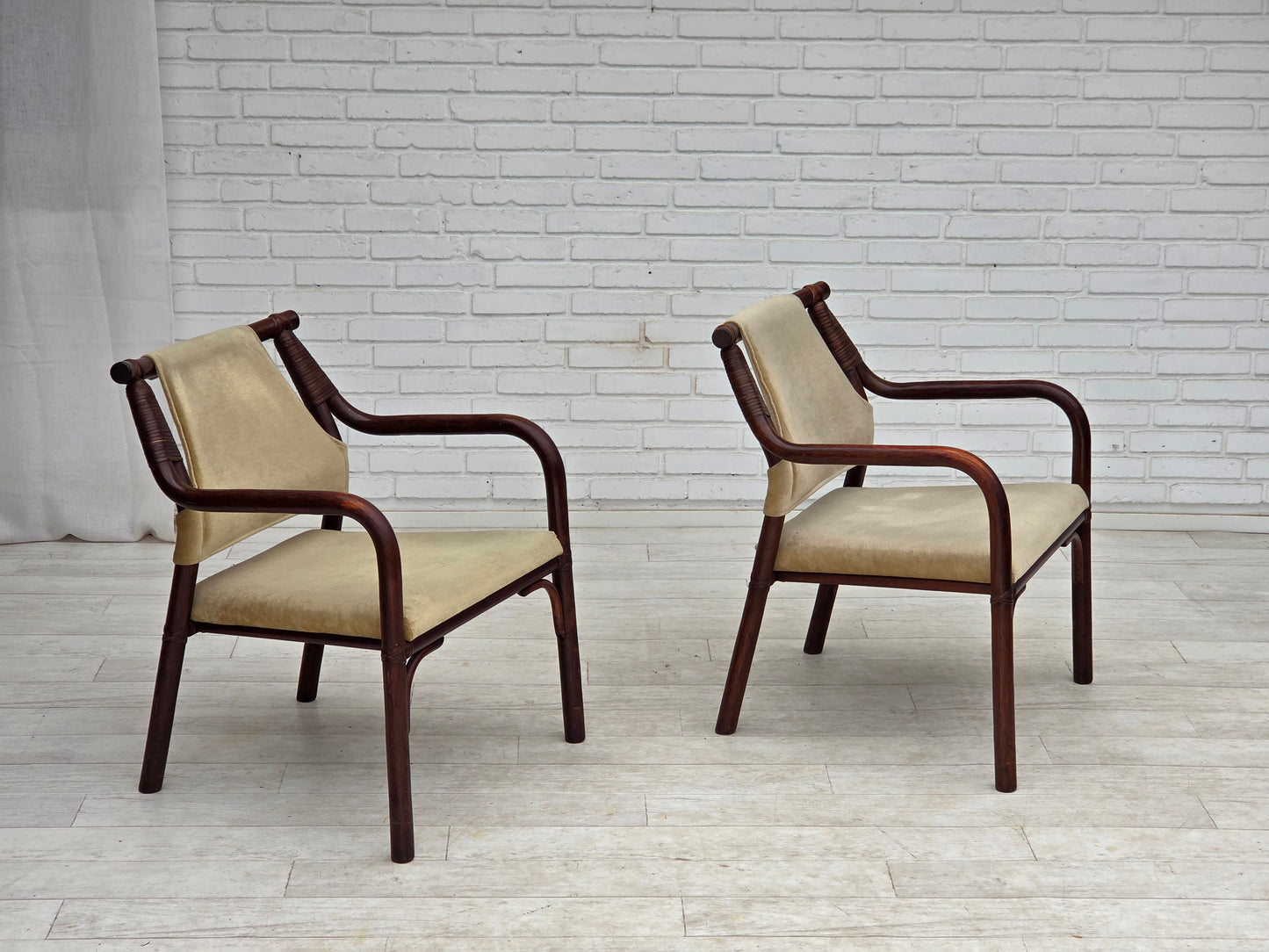 1980s, pair of Scandinavian armchairs, furniture velour, bamboo.