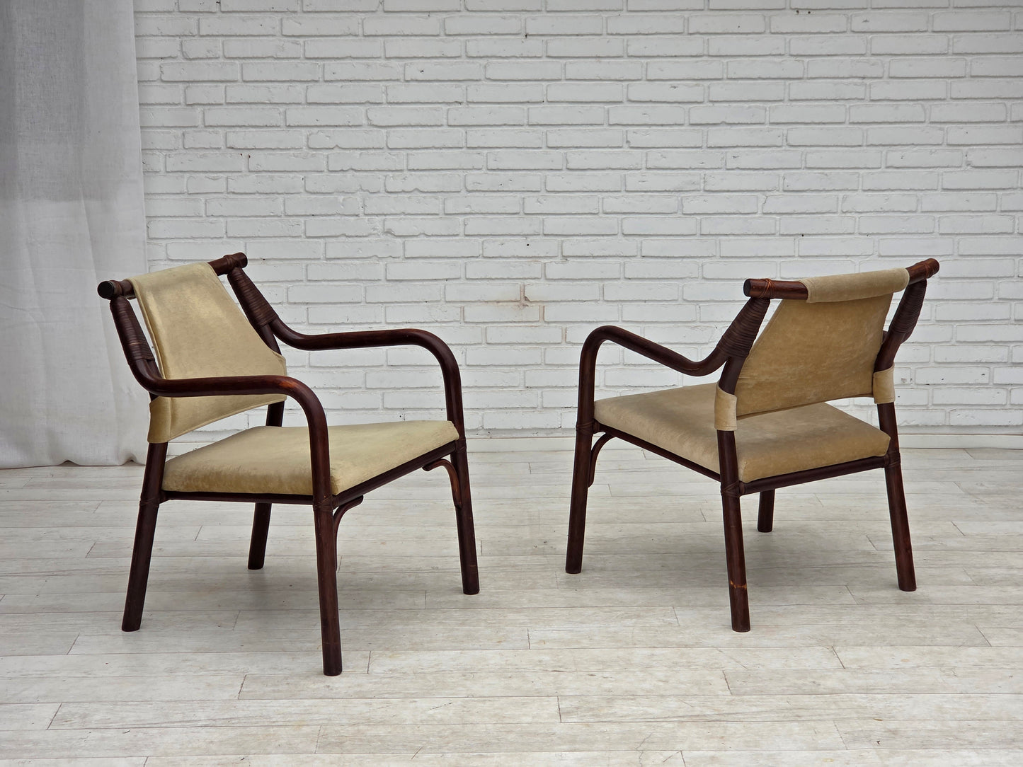 1980s, pair of Scandinavian armchairs, furniture velour, bamboo.