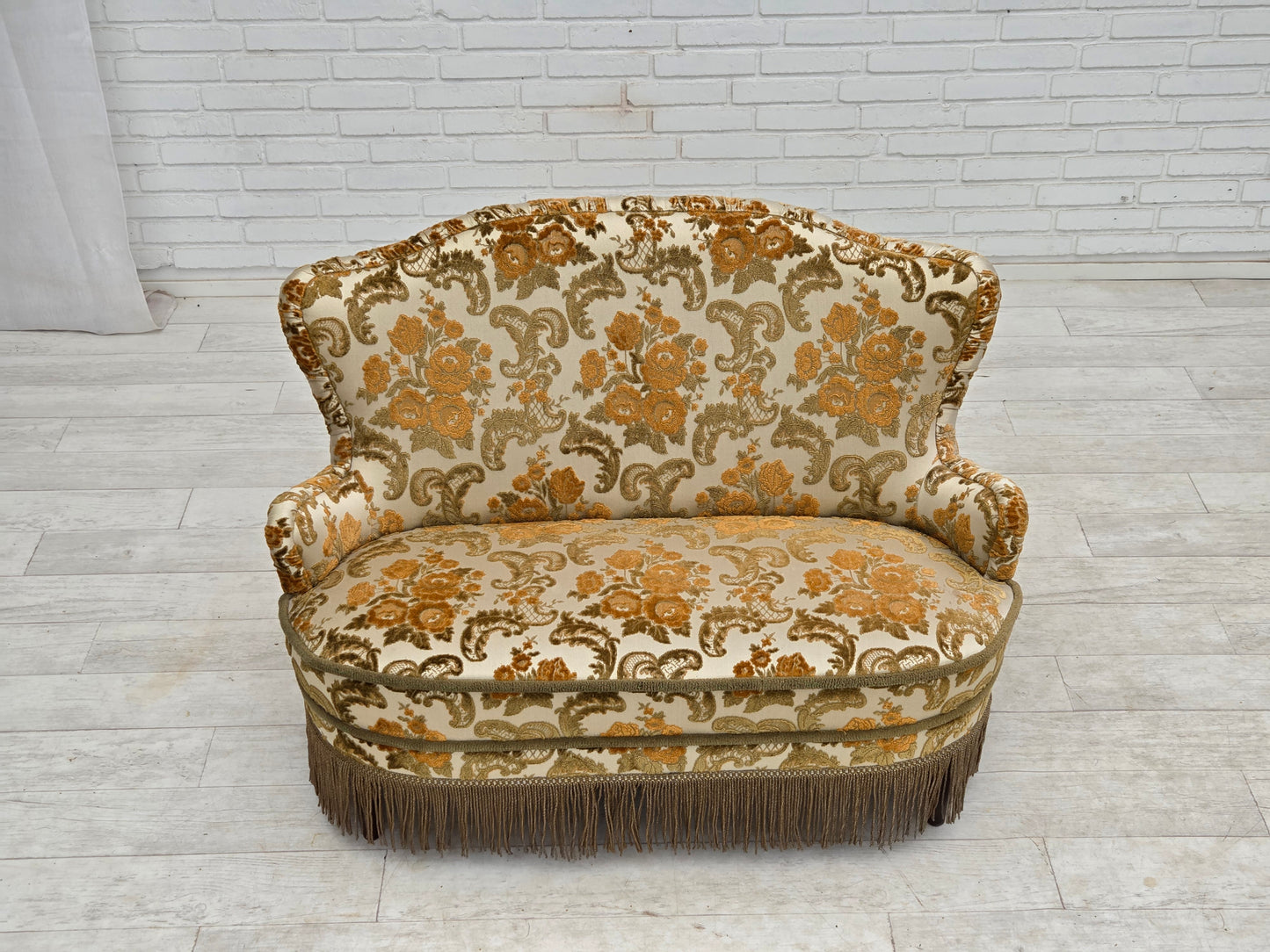 1970s, small 2-seater Danish sofa, brown/beige furniture fabric.