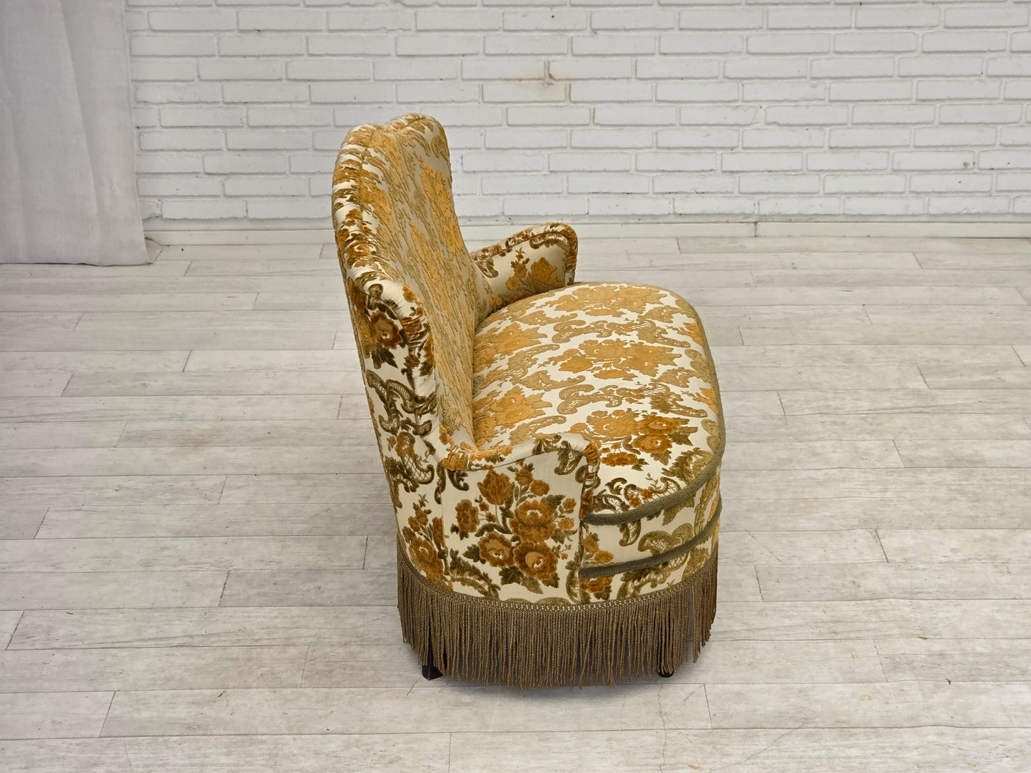 1970s, small 2-seater Danish sofa, brown/beige furniture fabric.